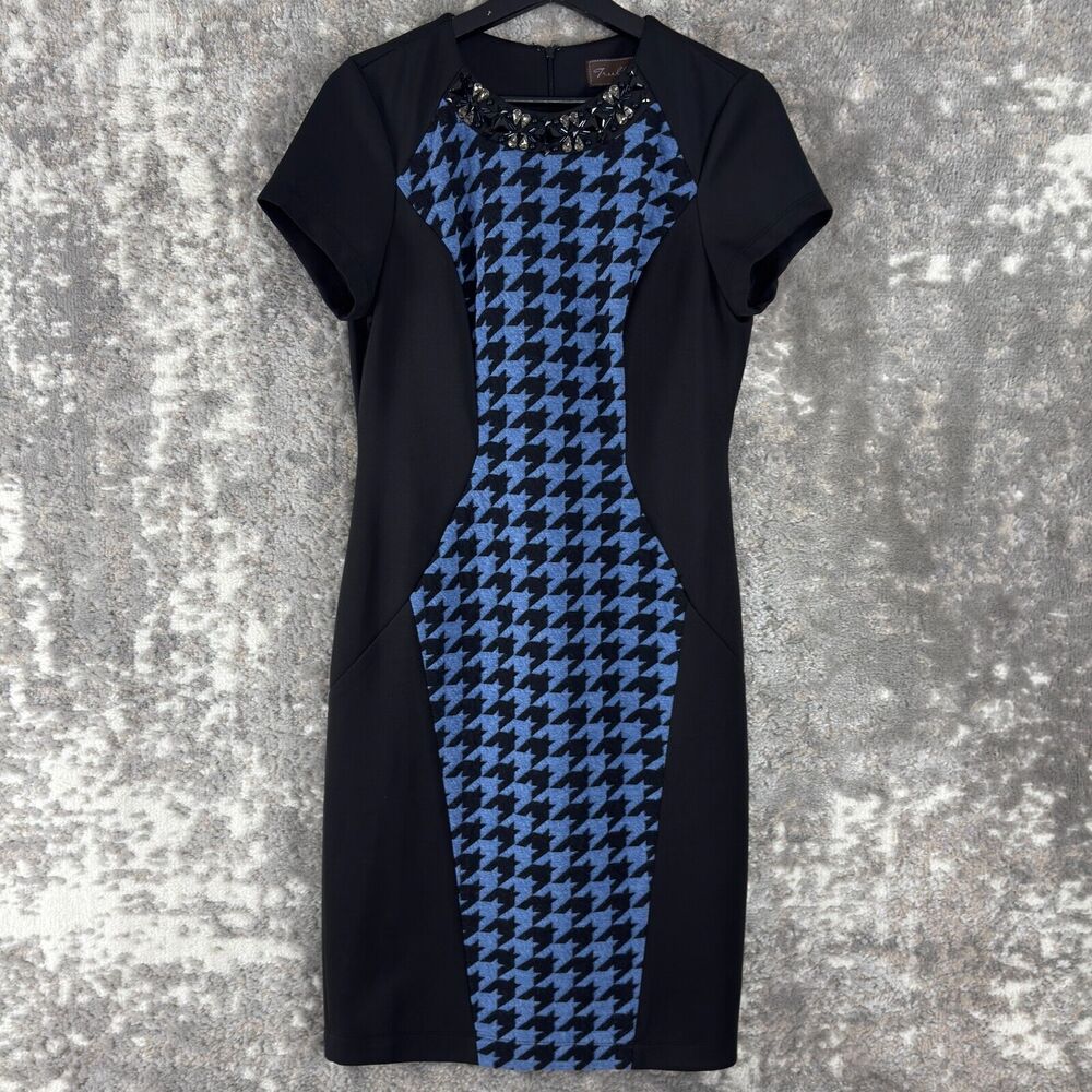 Trulli‎ Sz 8 Houndstooth Beaded Knee Length Sheath Dress Black Blue Short Sleeve